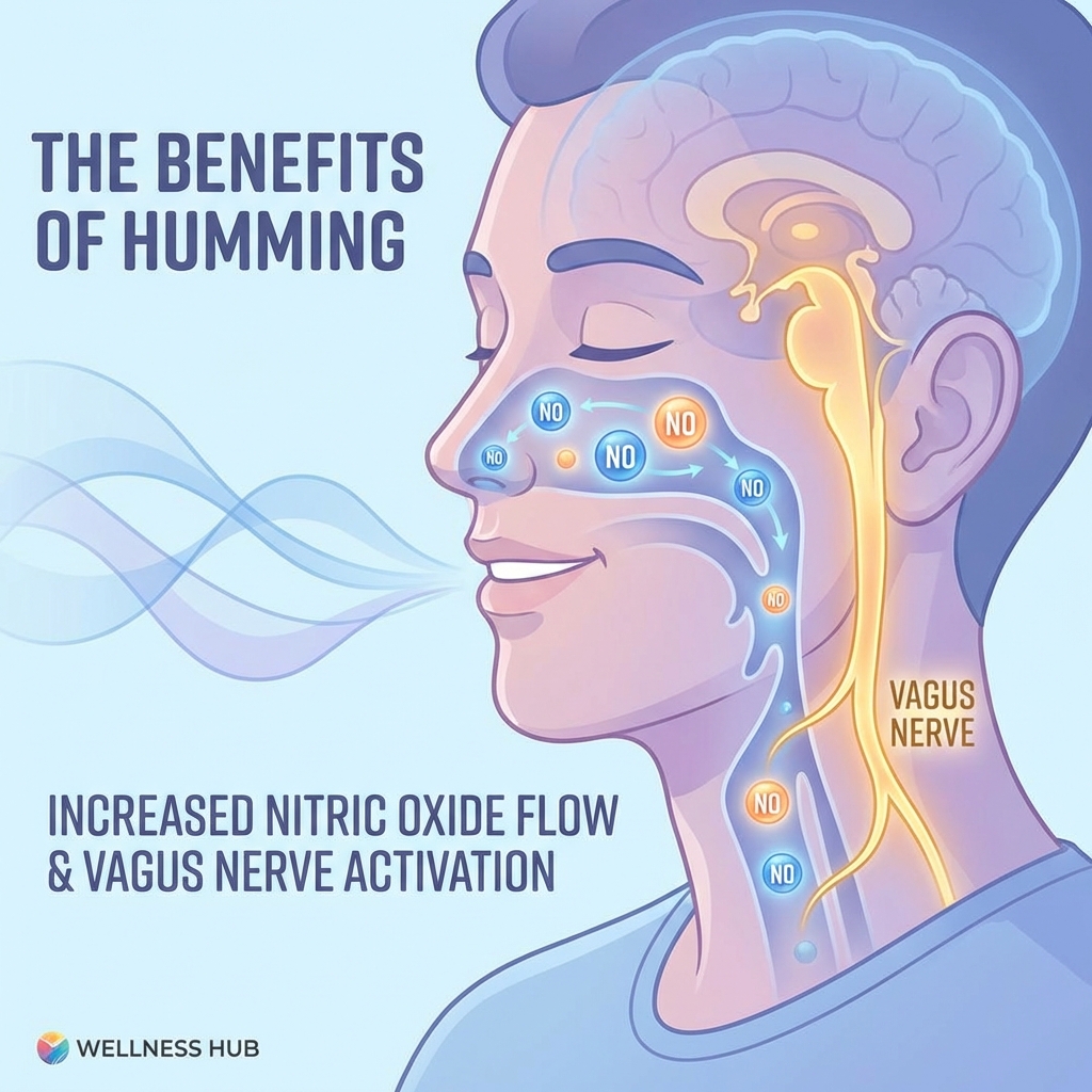 ハミングによる一酸化窒素の増加と迷走神経への効果を示すイラスト