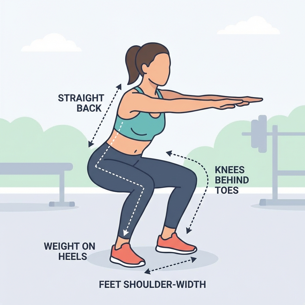 正しいスクワットのフォーム解説図