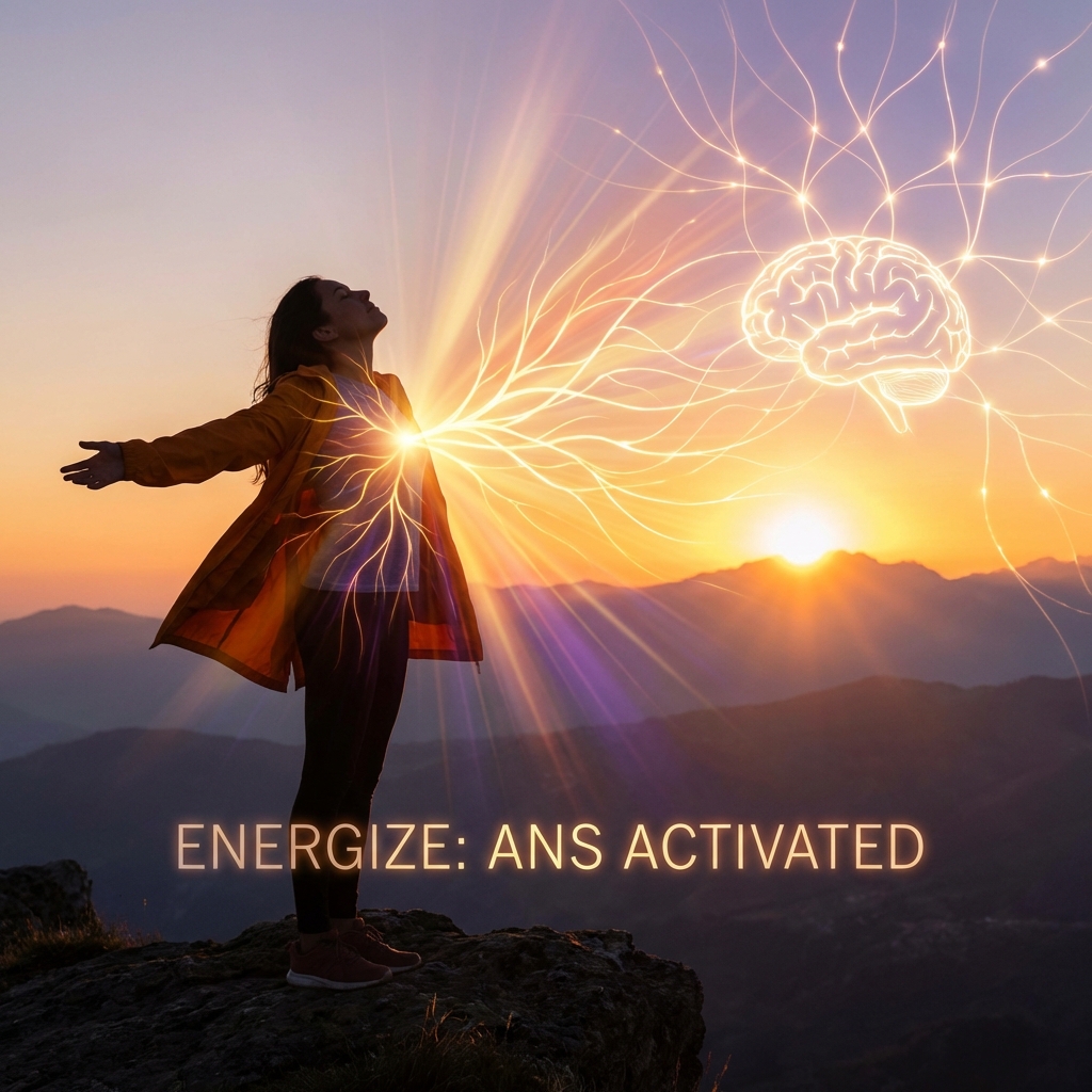 朝日を浴びて深呼吸する様子